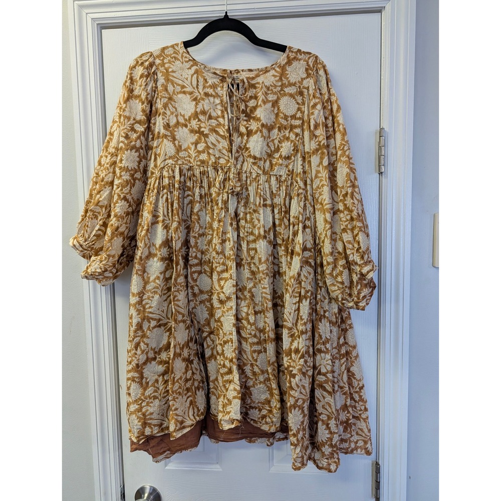 Natural Life Floral Cotton Babydoll Mini Dress Ochre Tan Boho Long Sleeve Large